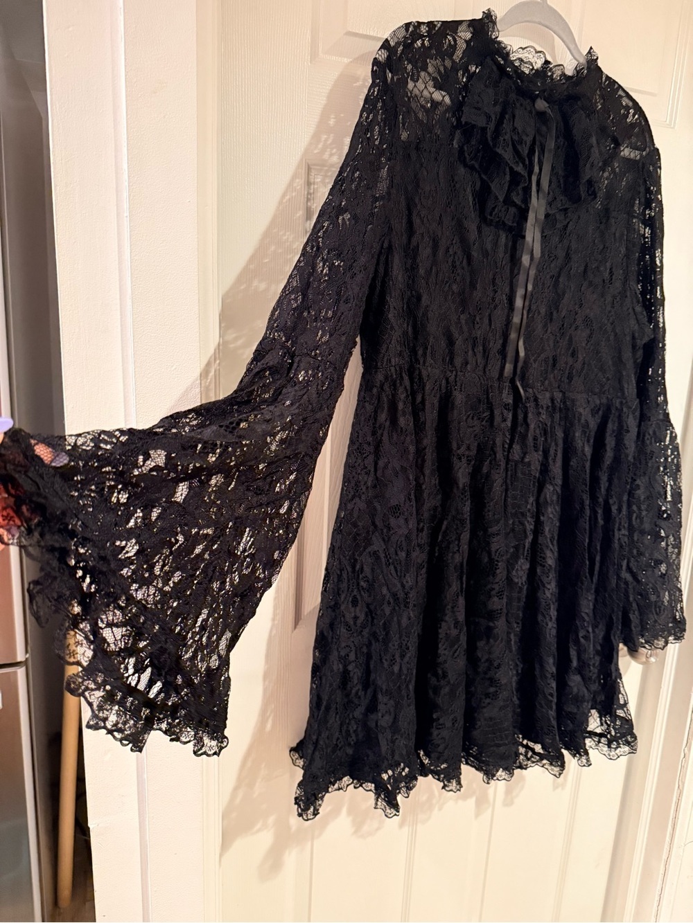 SHEIN Black Lace Long Sleeve Ruffled Tie Neck Mini Dress - Picture 4 of 8